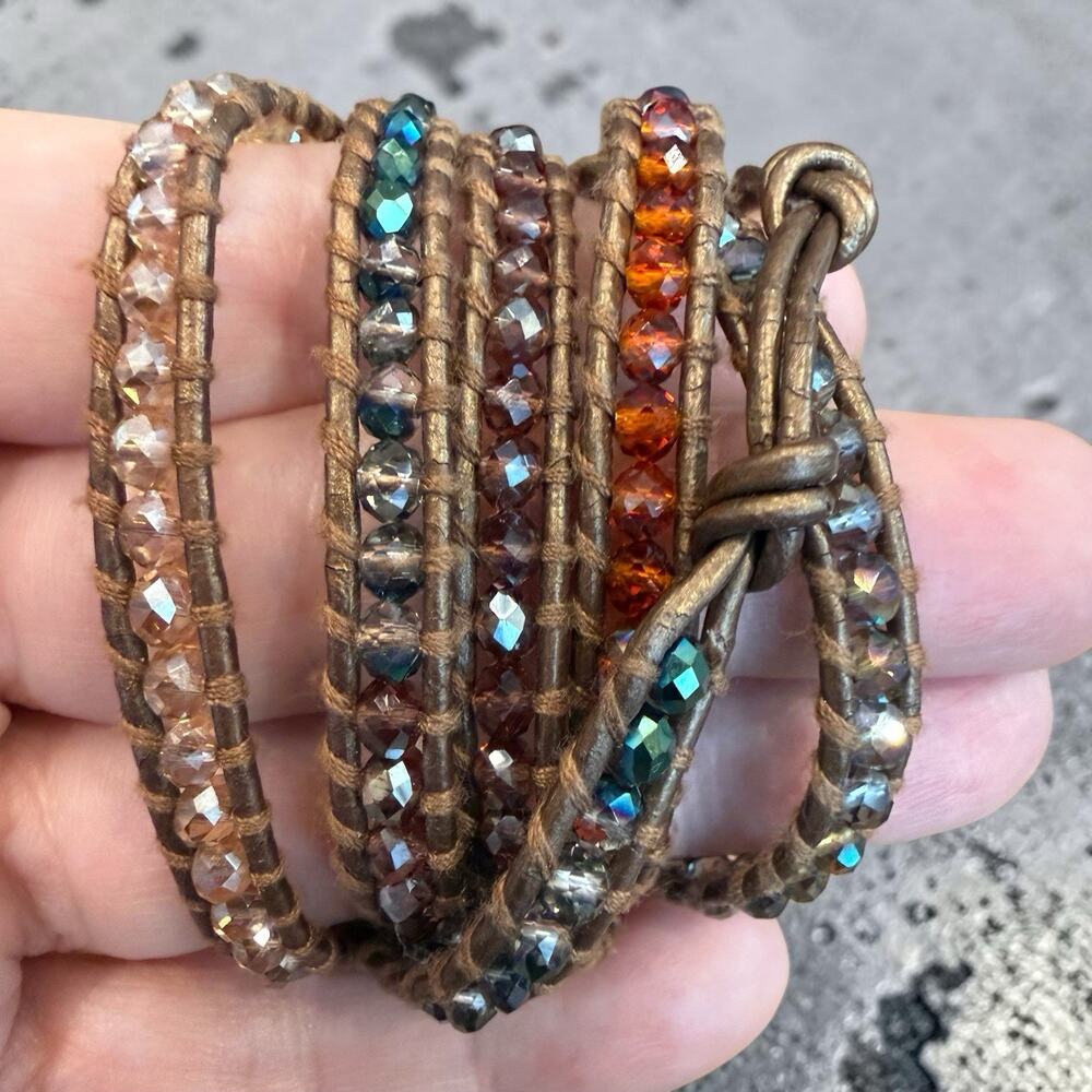 Y2K Lizou Leather Wrap Bracelet 4mm Faceted Beads Boho Style 36"